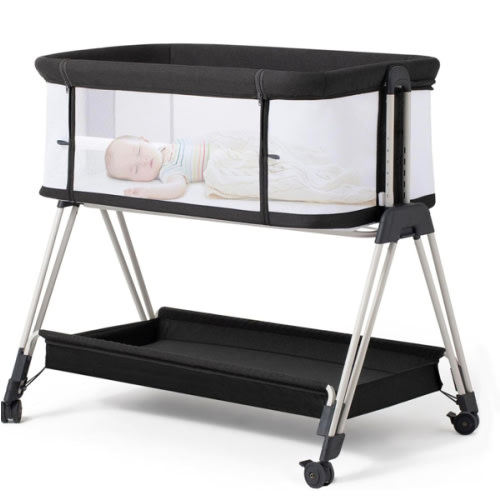 Fodoss Baby Bassinet Bedside Sleeper with Wheels and Storage Tray,4-Sided Mesh Bedside Bassinet for Infant/Newborn,7 Height Adjustable Easy Folding Bedside Crib