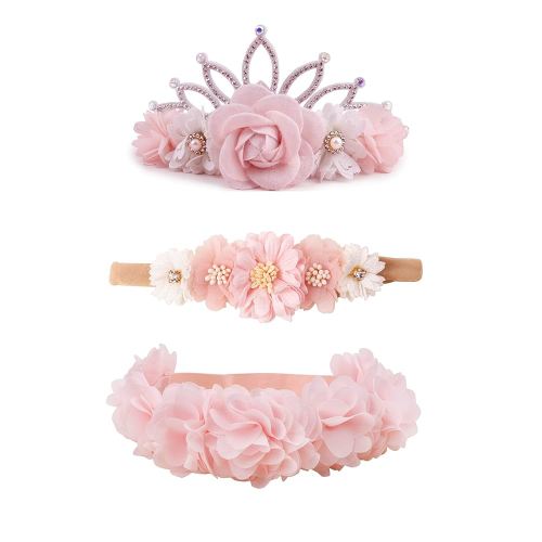 Baby Girl Floral Headbands- 3pcs Nylon Headband Handmade Flower Crown Elastic Hairband Newborn Toddler Hair Accessories Gifts for Girls （1-6 years old）