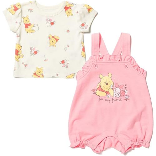 Disney Minnie Mouse Winnie the Pooh Baby Girls French Terry Short Overalls and T-Shirt Newborn to Infant