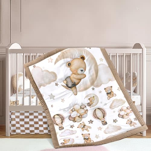 Hahafelt 3 Pcs Baby Crib Bedding Set Safari Animals Dinosaurs Bear Woodland Animals Jungle Crib Set Includes Quilt, Fitted Sheet, Skirt for Baby Boy Girl(Brown,Teddy Bear)