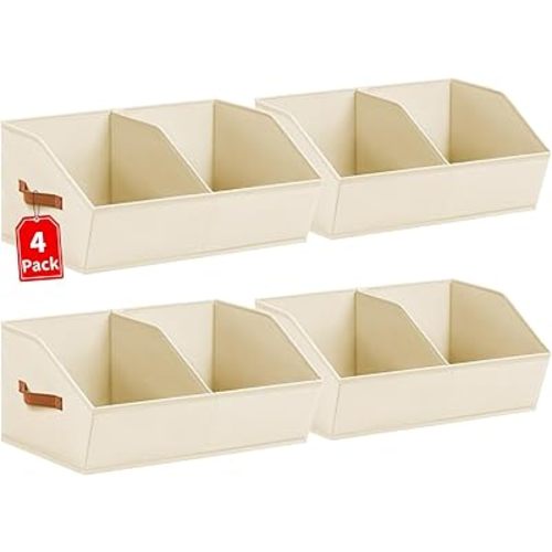 Closet Organizers and Storage Bins - 4 Pack Collapsible Divided Trapezoidal Cube Storage Bins Baskets with Orange Handle for Organizing Clothes Blankets, Toys, Books, Towels(Beige)