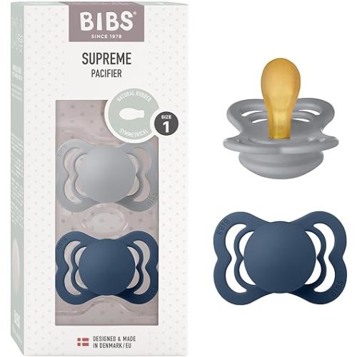 BIBS Supreme Baby Pacifier 2-Pack | Made in Denmark | BPA Free Dummy Soother, Symmetrical Nipple. Natural Rubber Latex, Size 1 (0-6 Months), Cloud / Steel Blue