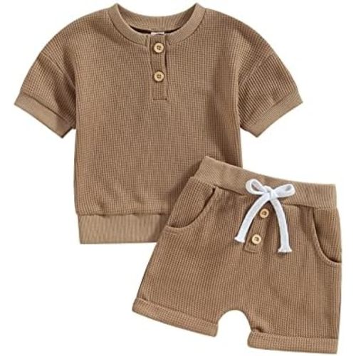 Ledy Champswiin Summer Newborn Baby Boy Girl Clothes Set Ribbed Outfits Unisex Infant Solid Short Sleeve Tops Shorts 2PCS