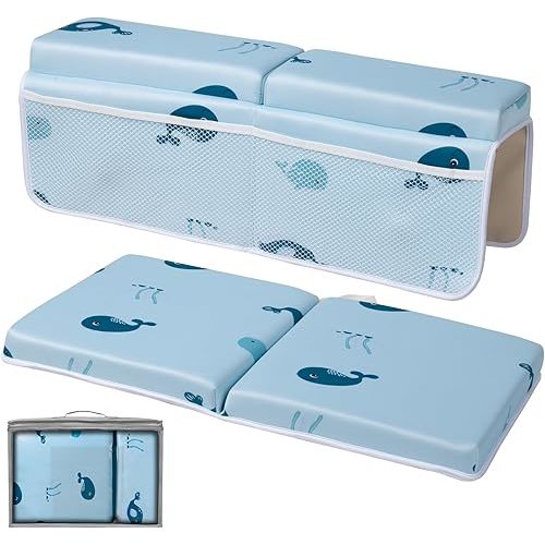 Bath Kneeler and Elbow Rest Pad Set, Comfortable Bath Kneeler with Arm Support and Pockets, Non-Slip Bathtub Kneeling Pad for Baby Bathing, Quick Drying Mat Cushion Painless Memory Foam