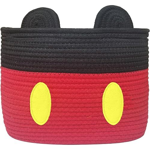 Cartoon Mouse Basket Cotton Rope Woven Basket Nursery Diaper Toy Organizers with Handles Nursery Hamper for Mickey Baby Shower Living Room Bathroom (13.7" L)
