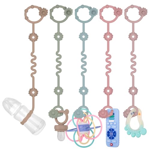5 Pcs Toy Straps for Baby, Adjustable Stroller Accessories Toy Holder, Prevent Drop Silicone Pacifier Clip, Baby Travel Essential Applicable Sippy Cup (Sage+Sand+Ether+Powder Rose+Dusty Lilac)