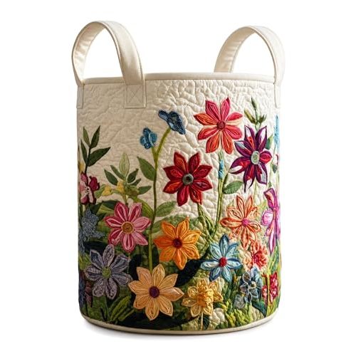 Quilted Laundry Basket with Handles, Boho Floral Quilted Storage Hamper, Large Soft Fabric Laundry Basket for Nursery, Bedroom, Laundry Room,Clothes & Toys (Pattern 04, Medium (22"H * 16"W * 16"L))