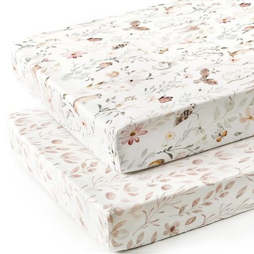 GRSSDER Stretch Ultra Soft Jersey Knit Fitted Crib Sheets Set 2 Pack,Fit All Standard Crib Mattress Pads Safe and Snug, Crib Fitted Sheet for Girls, Beautiful Blush Pink Floral and Cute Animals Print