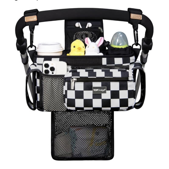 TOPDesign Universal Baby Stroller Organizer, Stroller Caddy with Detachable Mesh Bag & Heightened Insulated Cup Holders & Non-Slip Secure Hooks Accessories, Fits Most Strollers (Checkerboard)