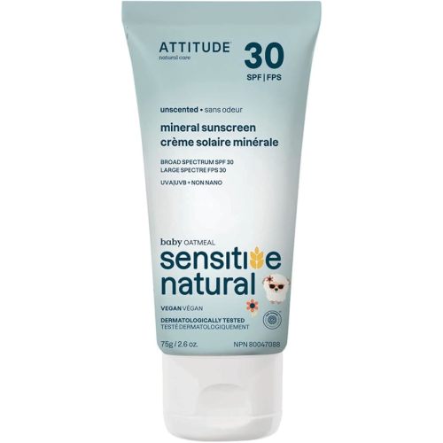 ATTITUDE Mineral Sunscreen for Baby and Kids with Sensitive Skin, EWG Verified, Broad Spectrum UVA/UVB, Dermatologically Tested, Plant and Mineral-Based Formula, Vegan, SPF 30, Unscented, 2.6 Oz