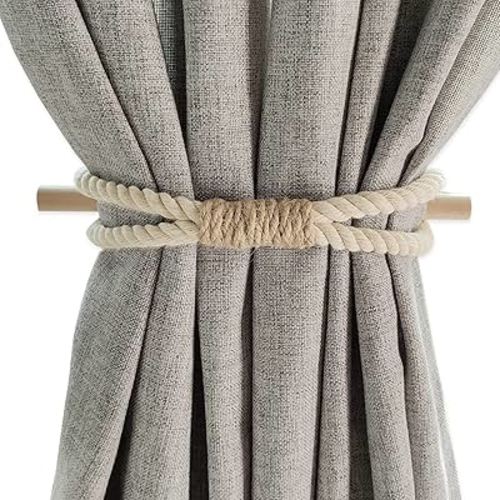 Curtain Tiebacks Rustic Holdbacks for Drapes, Farmhouse Tie Backs for Curtains, Cotton Jute Rope with Wood Club, Natural Boho Decor Shabby Chic Drapery Holder, Pack-2