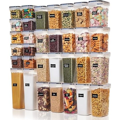 Vtopmart 32pcs Airtight Food Storage Containers Set, BPA Free Plastic Kitchen and Pantry Organization Canisters with Lids for Cereal, Dry Food, Flour and Sugar, Includes 32 Labels