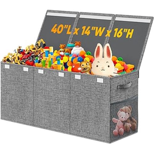 Extra Large Toy Box, Collapsible Storage Organizer Bins with Lids, Sturdy Big Toy Chest Boxes Baskets for Kids, Boys, Girls, Nursery, Playroom, Living Room, Bedroom, 40"x14"x16", Gray