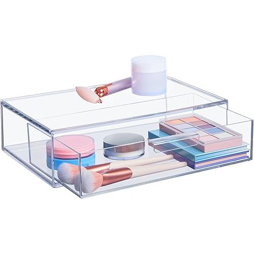 STORi Audrey Stackable Clear Bin Plastic Organizer Drawer | Organize Eyeshadow Palettes, Cosmetics, and Beauty Supplies on a Vanity | Made in USA