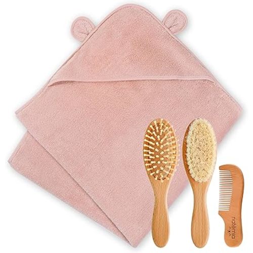 Natemia Premium Wooden Baby Hair Brush and Comb Set with Organic Hooded Baby Bath Towel - Ultra Soft Cloud Touch Cotton - Absorbent Hooded Bath Towel for Newborns, Babies, and Toddlers - Blush