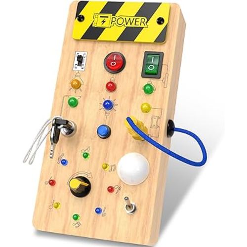 Montessori Toddler Toys - Baby Wooden Busy Board - Sensory Toys with Light Switch - Baby Travel Toys - Preschool Educational Learning Activities Toys - Gifts for Boys Girls Ages 1 2 3 4+ Year Old