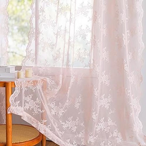 MEETSKY Pink Lace Curtains 95 Inch Length Set of 2 Vintage Victorian French Pretty Elegant for Girls Room Light Filtering Privacy Protect Back Tab Rod Pocket Sheer Drapes, 50"W Each Panel, Light Pink