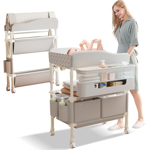 Baby Changing Table, Versatile Folding Changing Table with 2 Drawers, Portable Baby Diaper Changing Station with Toy Holder, Adjustable Height Mobile Nursery Diaper for Infant and Newborn
