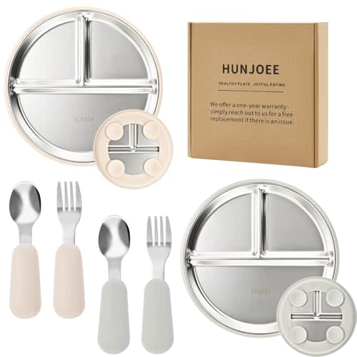 2-Pack Stainless Steel Baby Plates with Suction, 2 Baby Spoons & Forks Set, Lead-Free BPA-Free Toddler Utensils for Baby-Led Weaning