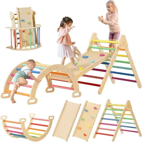 Tiny Land Pikler Triangle Set, 7-in-1 Foldable Pikler Triangle Climbing Toys Set for Kids,Baby Indoor Playground Jungle Gym, Wooden Montessori Climbing Set for Toddler (Rainbow)