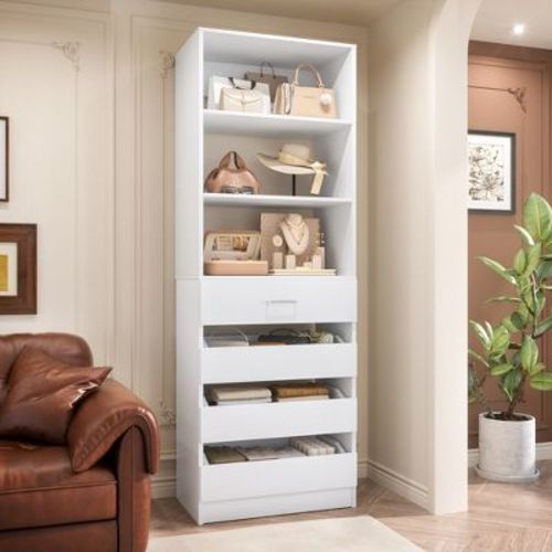 Besiost White Closet System with 4 Wood Drawers and Adjustable Shelves