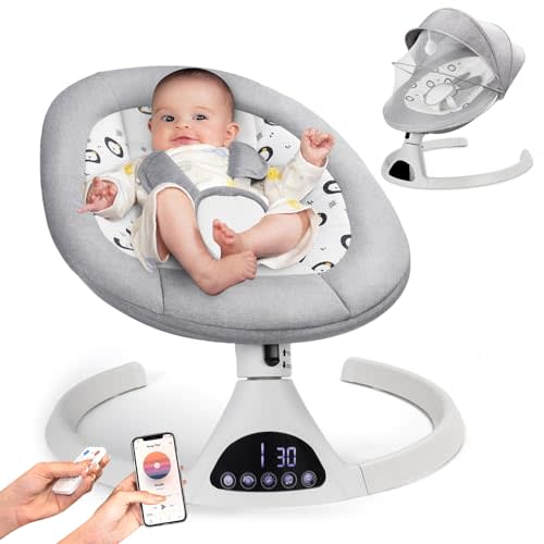 JUITOY Electric Baby Swings for Infants to Toddler Baby Swing with 5-Speed 5-Point Carabiner,with Bluetooth Music 10-Preset Melodies Gray