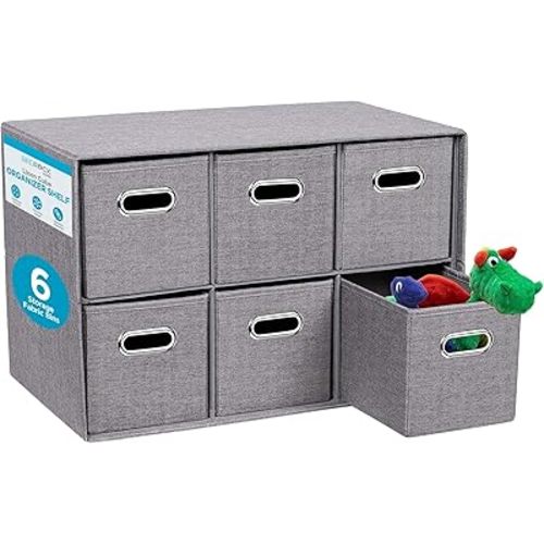 BIRDROCK HOME Linen Cube Organizer Shelf w/ 6 Storage Fabric Bins - Foldable & Durable - Toys, Clothes, Towels - Collapsible Cubby for Kids Room, Dorm, Closet, Bedroom - Large Shelving Cubbies - Grey