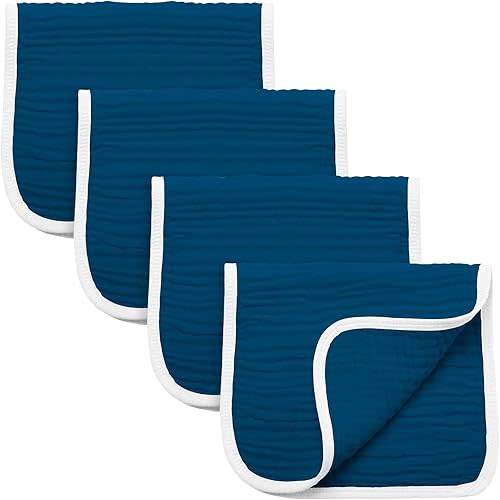 Synrroe Burp Cloths Large, Muslin Burp Cloths for Baby Girls and Boys, Pack of 4 Extra Absorbent and Soft Muslin Bibs, 6 Layers 20 by 10 Inches 100% Cotton (Dark Blue 4 Pack)