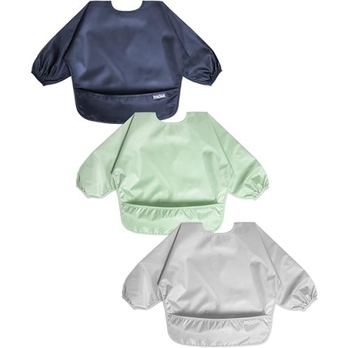 Baby Long Sleeve Waterproof Bibs for Baby Boy Girl,Baby Led Weaning Smock Outfit for Toddler 6 Months-2 Years,3pk (Grey Sky, Blue, Emerald)