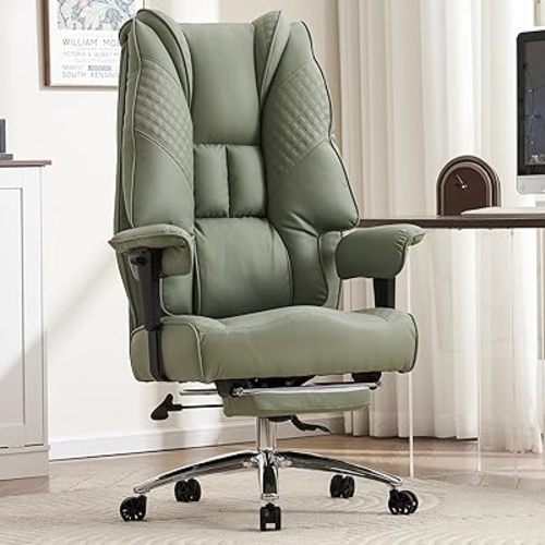 Big and Tall Office Chair 400lbs Wide Seat, Leather High Back Executive Office Chair with Foot Rest, Ergonomic Chairs Lumbar Support for Lower Back Pain Relief (Light Green)