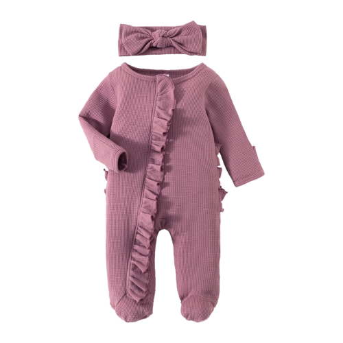 Newborn Baby Girl Boy Footies Onesie Ribbed Waffle Romper 3M 6M 12M Long Sleeve Zippers Ruffle Jumpsuit Fall Winter Clothes