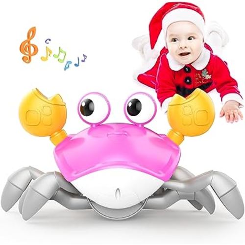 Crawling Crab Baby Toys Infant - Tummy Time Toy Gifts for 3 4 5 6 7 8 9 10 11 12 Month Boy Girl with Learning Crawl System Music for 0-6 6-12 12-18 36 Months Walking Toddler Birthday Gift(Pink)