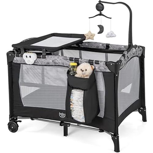 BABY JOY 3 in 1 Pack and Play, Portable Baby Playard with Bassinet, Changing Table, Lockable Wheels, Glowing Music Box, Travel Baby Crib Bassinet Bed from Newborn to Toddler