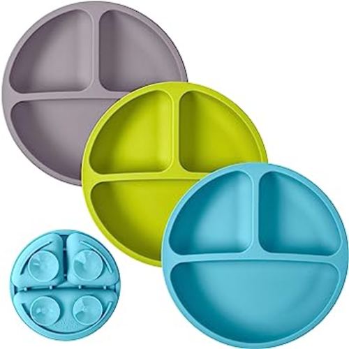 WeeSprout Suction Plates for Babies & Toddlers - 100% Silicone, Dinnerware Stays Put, Divided Design for Picky Eaters, Microwave & Dishwasher Friendly, 3 Pack