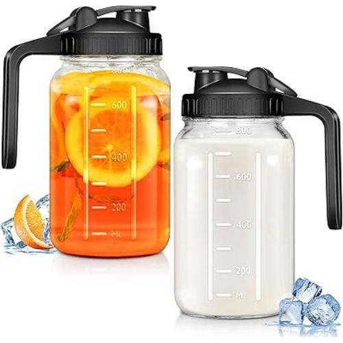 Glass Pitchers with Handle and Lid, 32oz Breast Milk Pitcher, Wide Mouth Mason Jar Pitcher, Leak Proof Drink Pitcher Water Pitcher, for Breastmilk, Water, Juice, Milk, Tea, Iced Coffee, 2 Pack