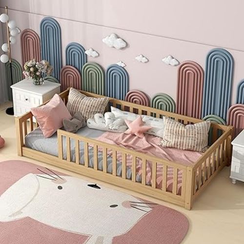 Twin Size Floor Bed with Fence for Kids Bedroom,Sturdy Montessori Floor Bed w/Guardrail for Boys, Girls,No Box Spring Needed,Natural