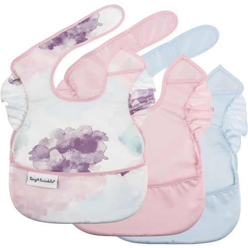 Tiny Twinkle Mess-Proof Baby Bib - Waterproof Bib for Baby Boy or Girl - PFAS, PVC, BPA, Phthalate Free - Baby Food Bibs - 3 Pack - 3-pack Cotton Candy
