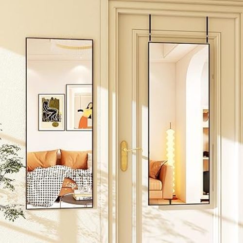 48"x 14" Full Length Door Mirror, Over The Door Mirrors Full Length, Hanging Mirror Wall Mounted, Full Body Decor for Bedroom Living Room Bathroom Decor, Black