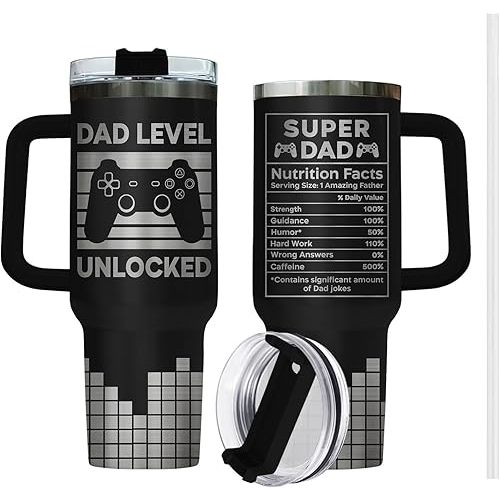 34HD First Father Day Gifts, Dad Level Unlocked Tumbler with Handle Straw 40 oz Stainless Steel, Men Nutrition Facts Cup, New Dad Birthday Gifts