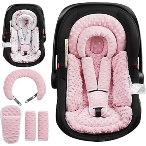 Infant Car Seat Insert with Removable Cushion for Baby Preemie Newborn Infant, Reversible carseat Insert Head Body Support Fits for Stroller, Baby Swing, Rocker, Bouncer, Bassinet - Pink