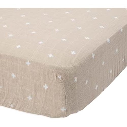 Little Unicorn Taupe Cross Fitted Crib Sheet | 100% Cotton Muslin | Super Soft | Sized for Standard Baby Crib & Toddler Mattress | Machine Washable | 52” x 28” x 9”