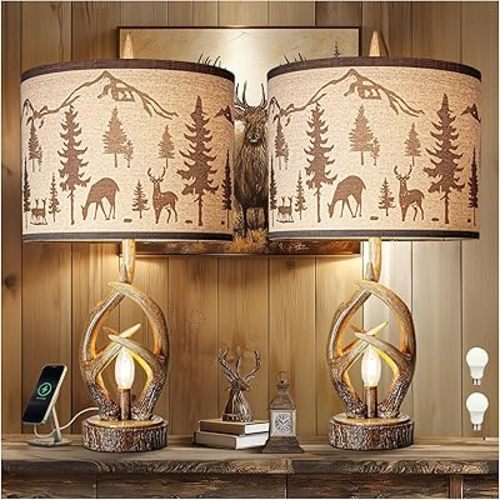 Scenekoy Antlers Style Table Lamp Set of 2 Rustic Bedside Lamp with Night Light Linen Fabric Shade Farmhouse Nightstand Lamps Decor for Living Room Bedroom House Home Office (Bulb Included)