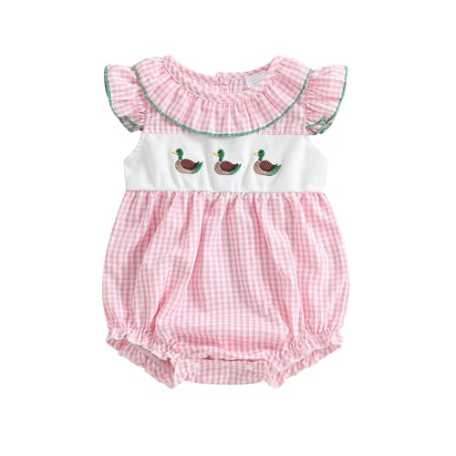xkwyshop Newborn Baby Girl Summer Outfit Mallard Duck Smocked Bubble Romper Fly Sleeve Doll Collar Plaid Bodysuit Clothes