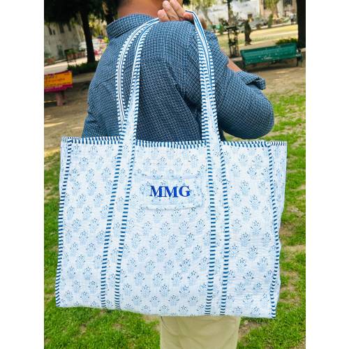 Embroidered Monogram Large Tote Weekend Bags, Cotton Quilted Handprinted Floral Shopping Travel Carryall Bag Beach Tote Bags for Women Gifts