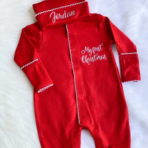 Red Christmas baby outfit, neutral red coming home outfit with custom embroidery. My first Christmas Eve outfit. Christmas Eve baby.