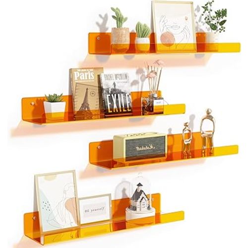 upsimples 4 Pack Acrylic Shelves for Wall Storage, 15" Floating Bookshelves for Kids, Display Shelf Organizer for Bathroom, Bedroom, Living Room Decor, Kitchen, Clear Orange
