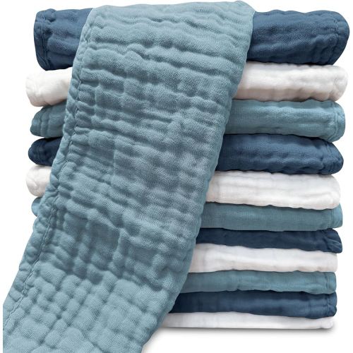 Muslin Burp Cloths for Baby 100% Cotton Burping Cloths for Unisex, Boy, Girl - Large 20'' by 10'' Newborn Essentials Ultra Soft Absorbent Milk Spit Up Rags - 12 Pack - White+Light Navy Series