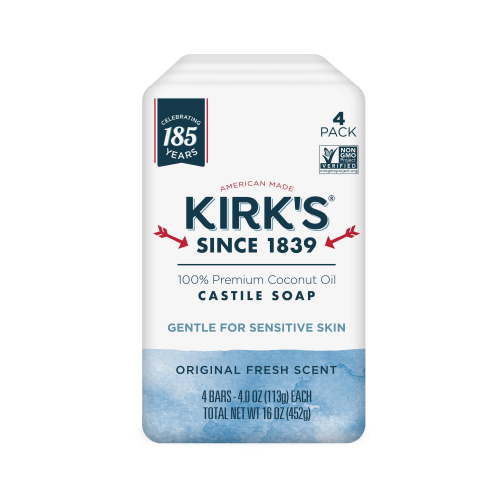 (4 pack) Kirk's Castile Bar Soap - Made With Premium Coconut Oil, Original Fresh Scent, 4 oz. Bars, 4 Pack