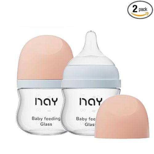 yanyoyo Natural Glass Baby Bottle Wide Neck, Newborn Anti-Colic Baby Bottle, Clear, 3oz(Pack of 2), Includes 2Pcs Slow Flow Nipple(SS), 0 Months+
