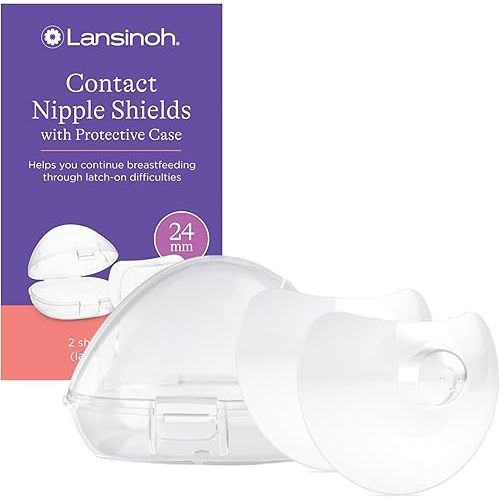 Lansinoh Contact Nipple Shields for Nursing Mothers, Ultra-Thin Soft & Flexible Medical-Grade Silicone Shields for Sensitive Nipples and Latch-On Support, (1 inch or 24mm), with Case, 2 Count
